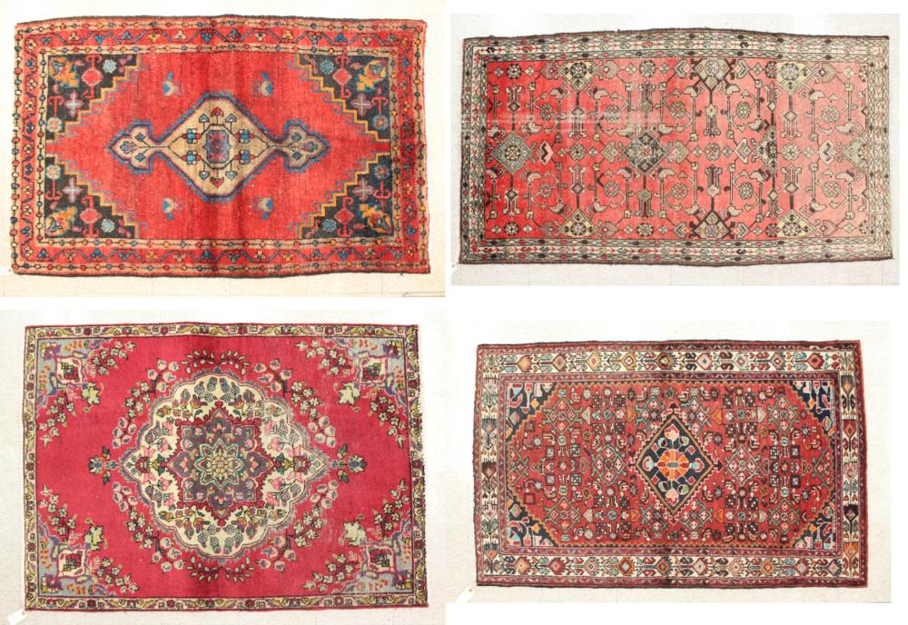 Appraisal: FOUR HAND KNOTTED PERSIAN RED FIELD AREA RUGS ' X