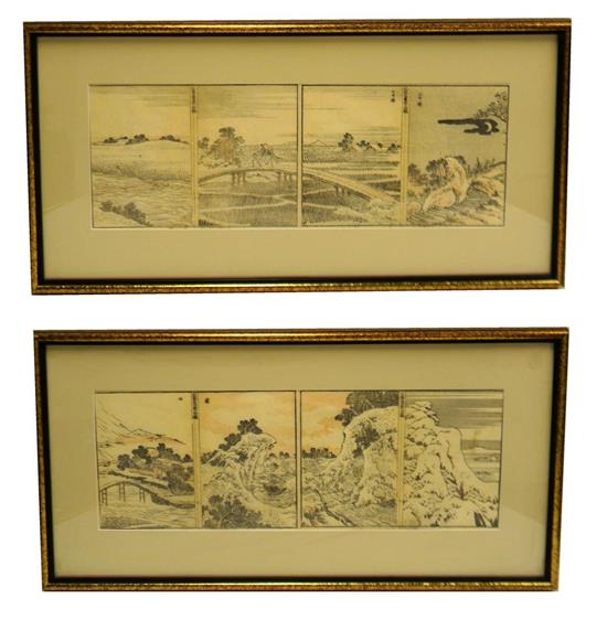 Appraisal: ASIAN eight illustrated book pages ehon mounted in two frames