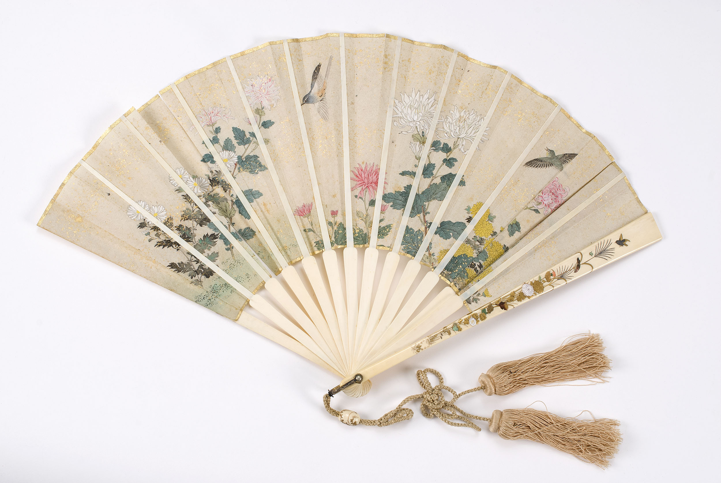 Appraisal: JAPANESE PAPER IVORY SHIBAYAMA FOLDING FAN Circa Rice paper leaf