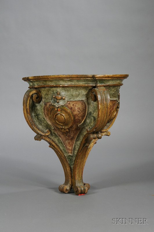 Appraisal: Portuguese Painted and Gilded Gesso Wall Bracket D-shaped and lightly