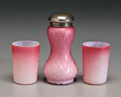 Appraisal: Three pieces satin glass mother-of-pearl herringtone variation shaker herringbone variation