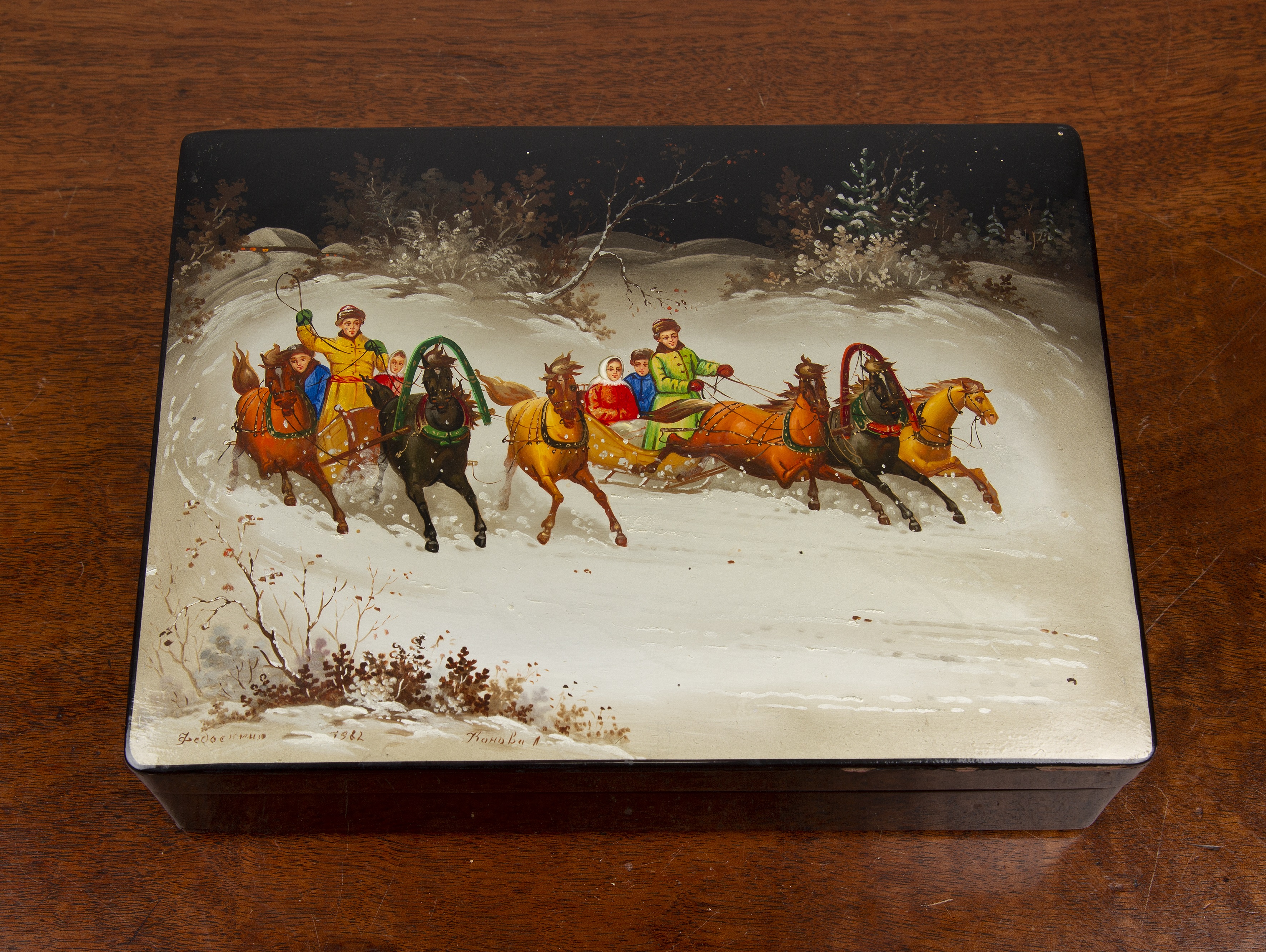 Appraisal: Russian lacquered box th Century painted scene of figures in