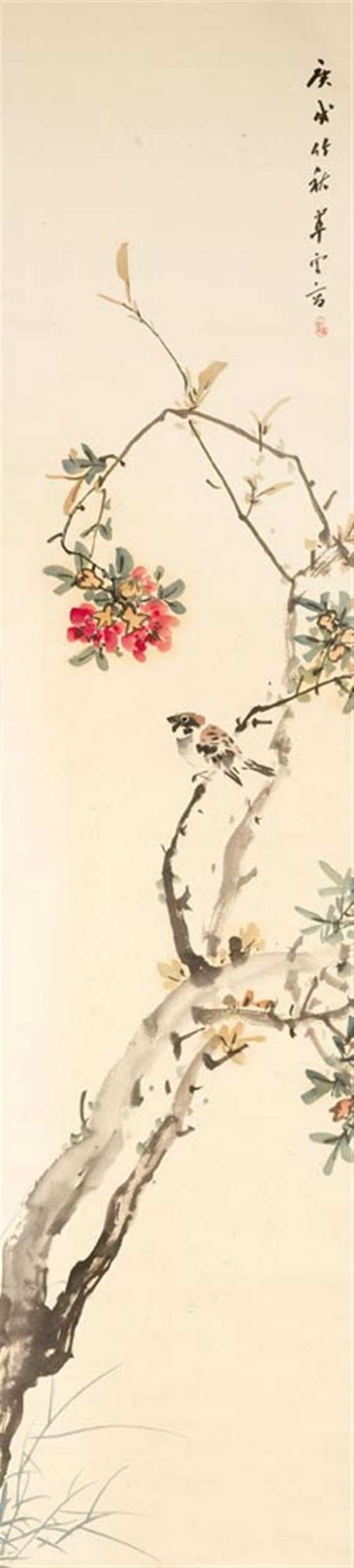 Appraisal: A HANGING SCROLL OF A SPARROW ON A BLOOMING KAKI