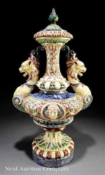 Appraisal: A Monumental Continental Majolica Urn th c extensively decorated with