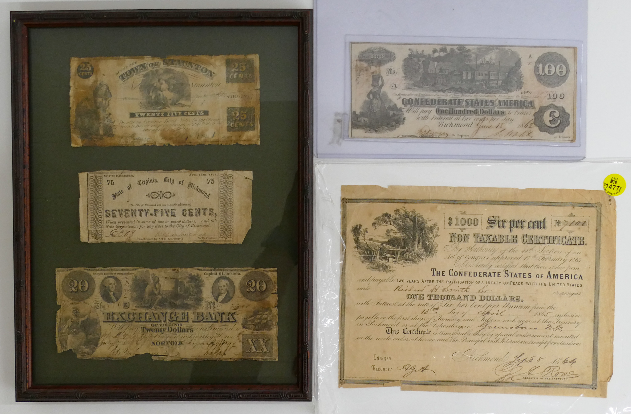 Appraisal: pc Antique US Currency Notes - One is Framed -