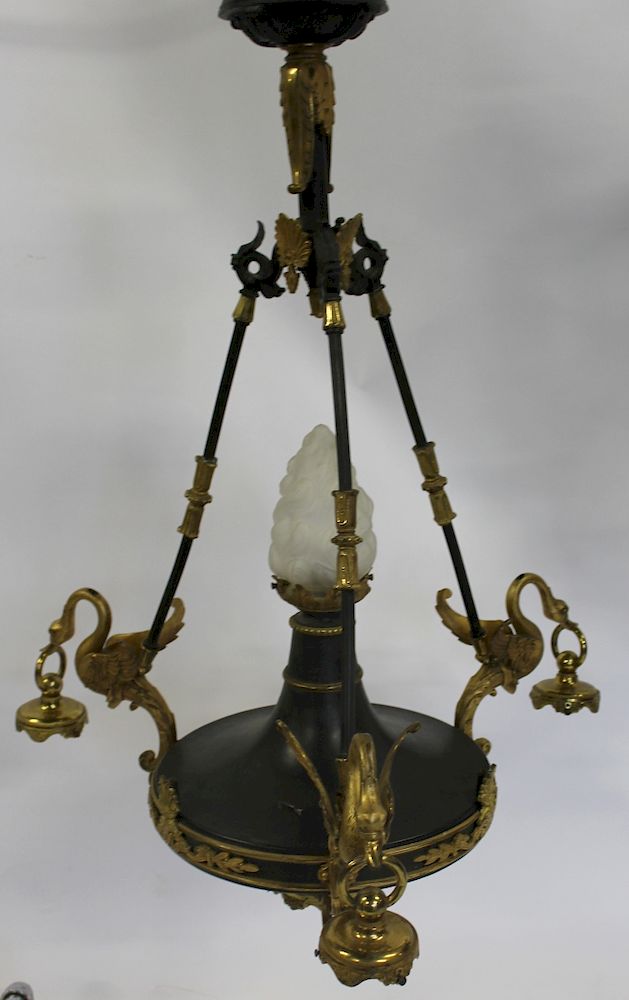 Appraisal: Patinated and Gilt Bronze Empire Style Chandelier With Swan Decoration