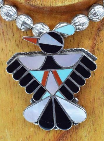 Appraisal: Native American silver content unknown necklace Zuni thunderbird pendant brooch