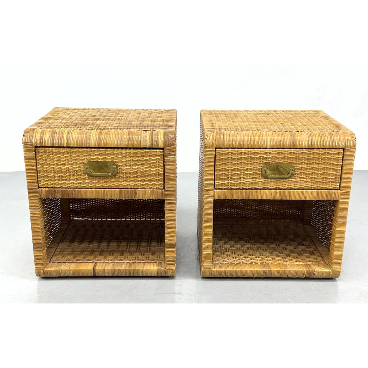 Appraisal: Pr Woven Rattan One Drawer Night Stands Brass Hardware BIELECKY