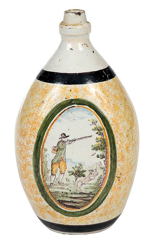 Appraisal: Hand Painted Creamware Flask British th th century oval form