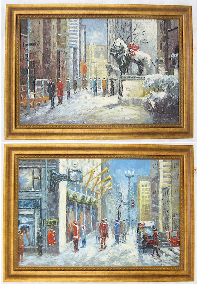 Appraisal: MARCOUX TWO OIL ON CANVAS winter city street scenes Images