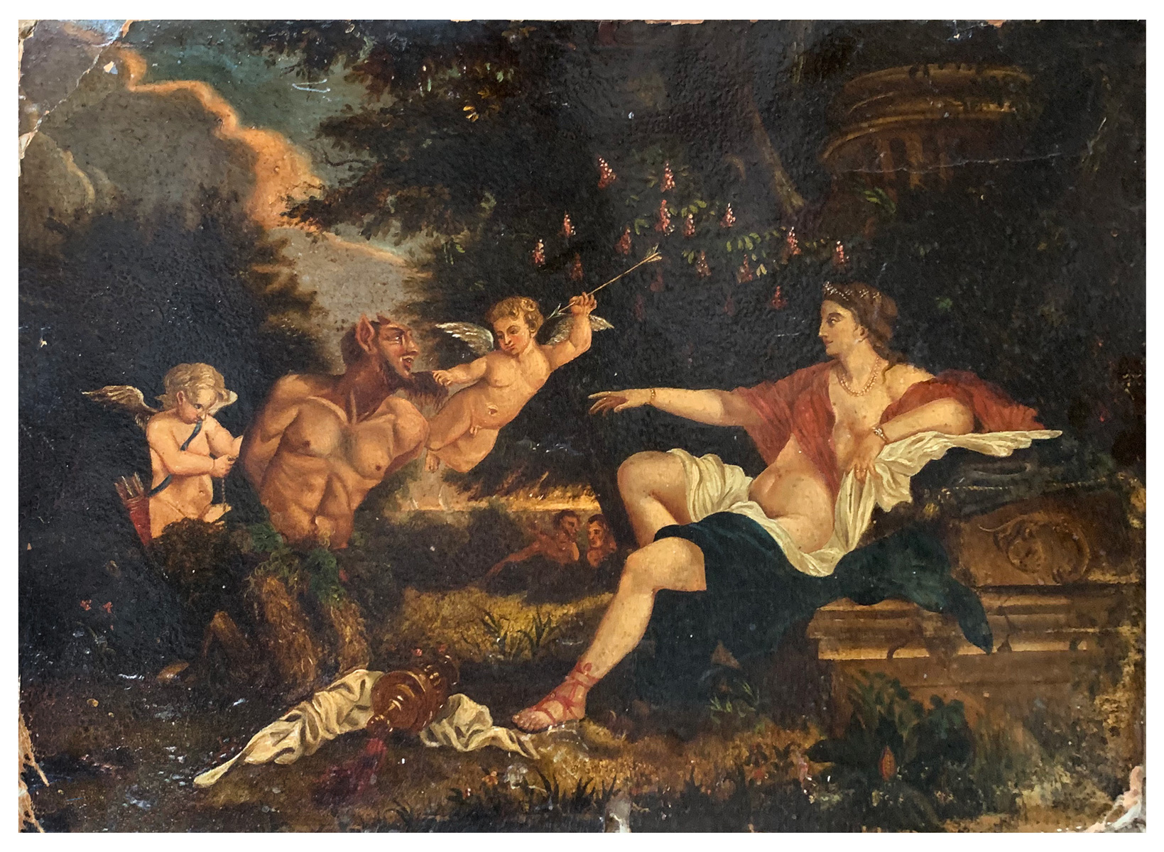 Appraisal: ALLEGORICAL PAINTING WITH PUTTI SATYR VENUS Oil on Board ''