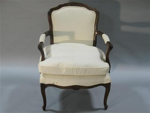 Appraisal: LOUIS XV STYLE WHITE UPHOLSTERED FAUTEUIL Mid th century by