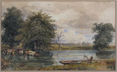 Appraisal: David Cox Junior - River landscape with cattle and a