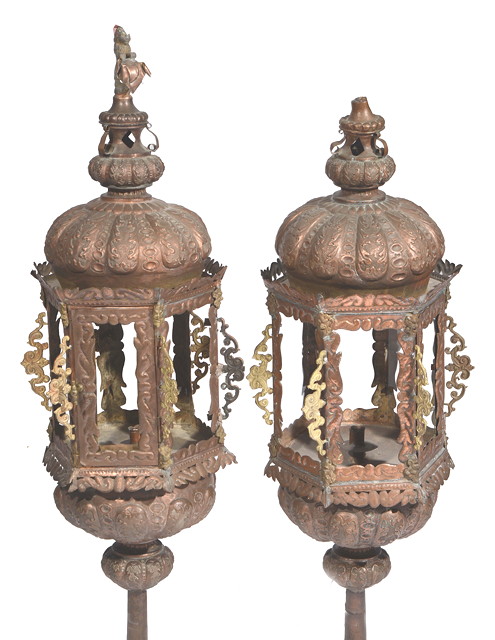 Appraisal: A PAIR OF MIDDLE EASTERN COPPER HEXAGONAL STANDARD LANTERNS partially