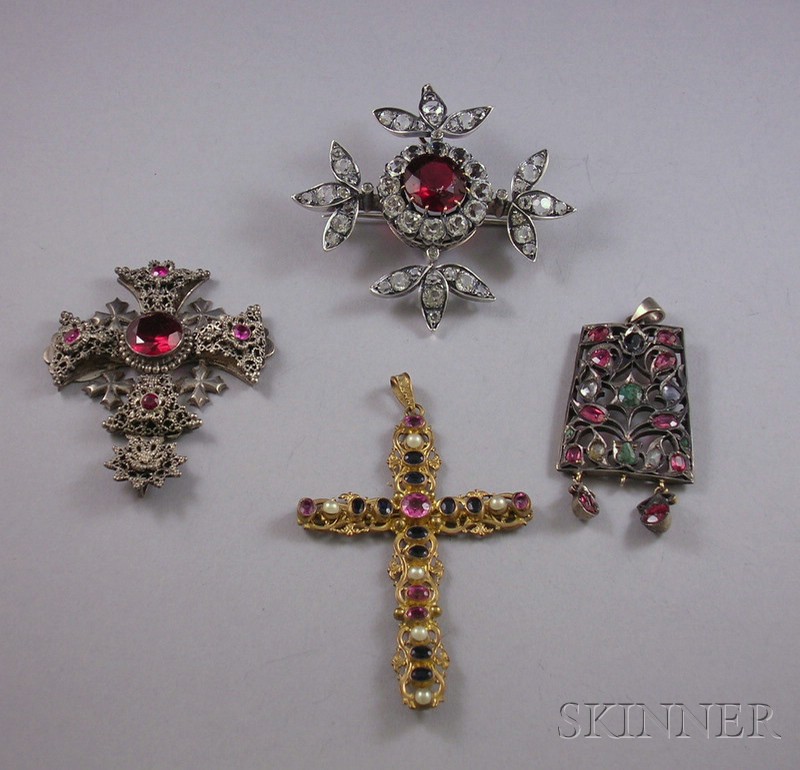 Appraisal: Four Silver and Gold-tone Gem-set and Costume Pendants and Brooches