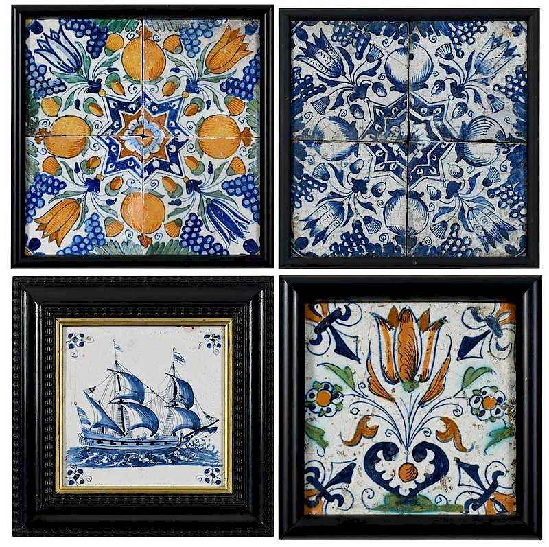 Appraisal: Four th Century Framed Panels of Delft Tiles Dutch first