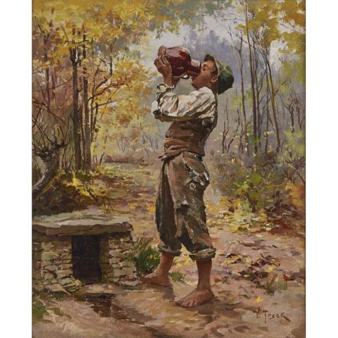 Appraisal: Vilem Trsek - PEASANT BOY DRINKING WATER AT A WELL