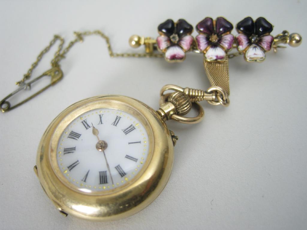 Appraisal: A ct gold Continental Lady's Fob Watch the white enamel