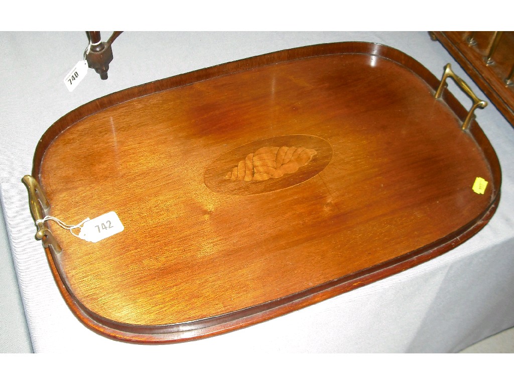 Appraisal: Edwardian mahogany inlaid oblong gallery tray the centre inlaid with