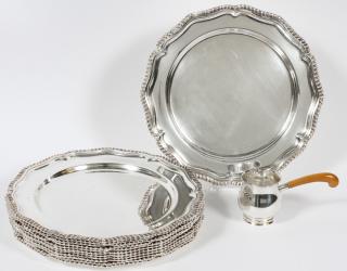 Appraisal: ENGLISH SILVER-ON-COPPER SERVICE PLATES AND GRAVY WARMER PIECES DIA Each