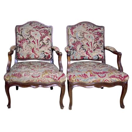 Appraisal: Pair of Provincial Louis XV Walnut Fauteuils a la Reine