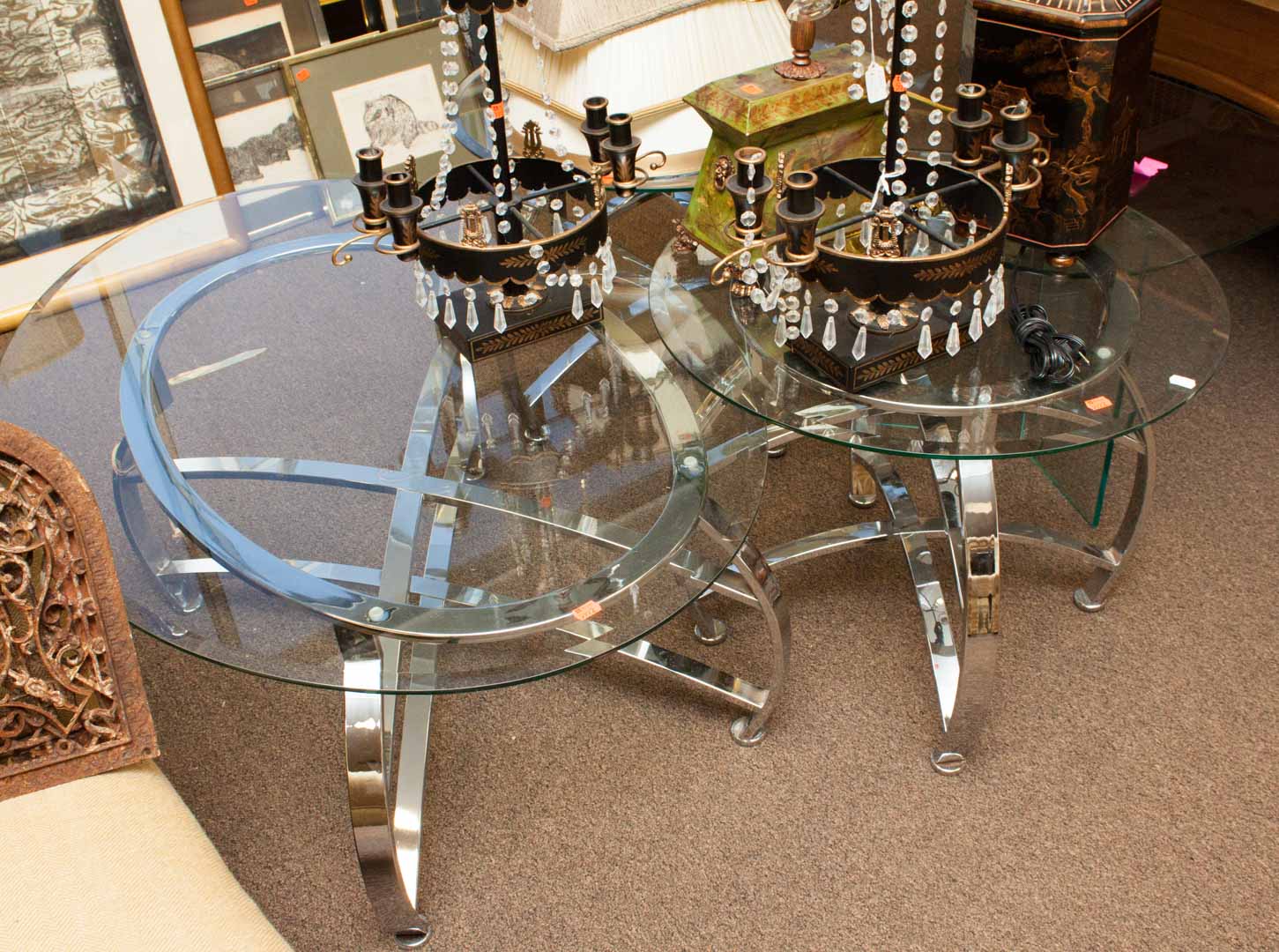 Appraisal: Three glass and chrome coffee tables