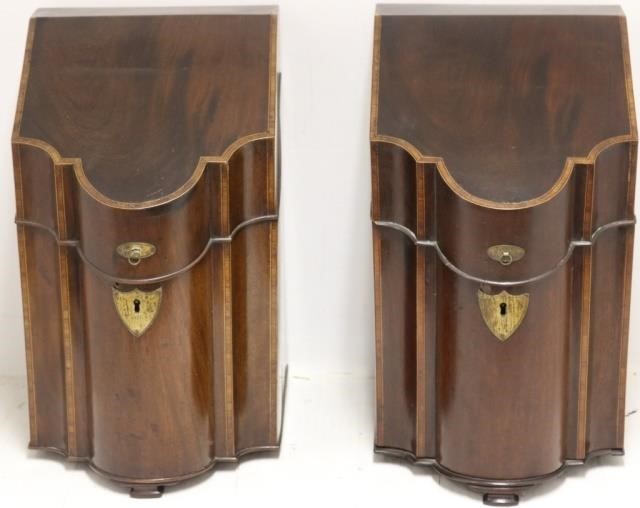 Appraisal: PAIR OF TH C ENGLISH INLAID MAHOGANY KNIFEBOXES WITH FITTED