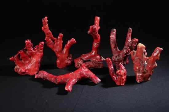 Appraisal: SEVEN PIECES CHINESE CORAL Tow carved with immortals - Largest