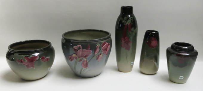 Appraisal: FIVE WELLER STYLE ART POTTERY VESSELS including two jardinieres to