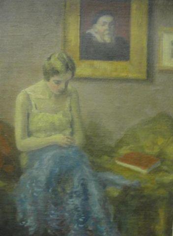 Appraisal: Oil on Board of Woman Sewing Signed lower left and