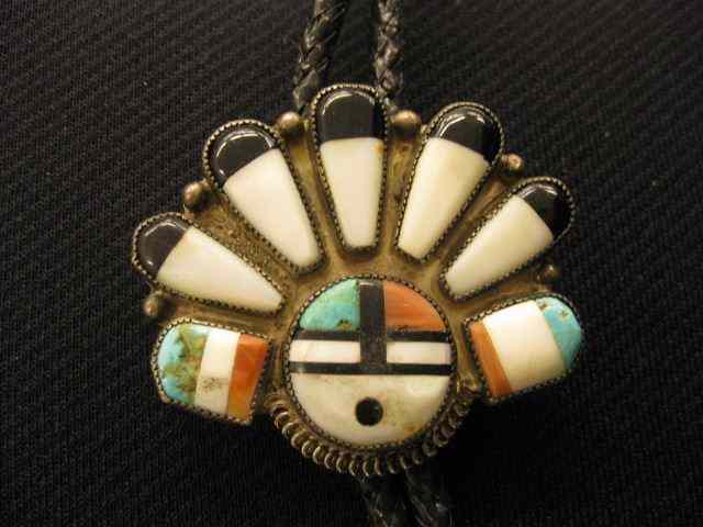 Appraisal: Indian Bolo Tie face headress design abalone coral onyx turquoise