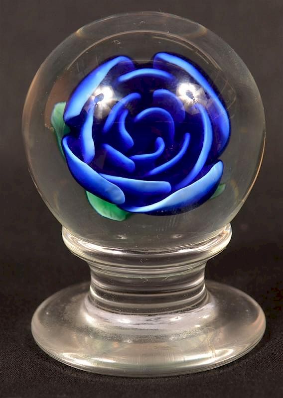 Appraisal: Millville NJ Blue Rose Pedestal Paperweight Millville New Jersey Blue