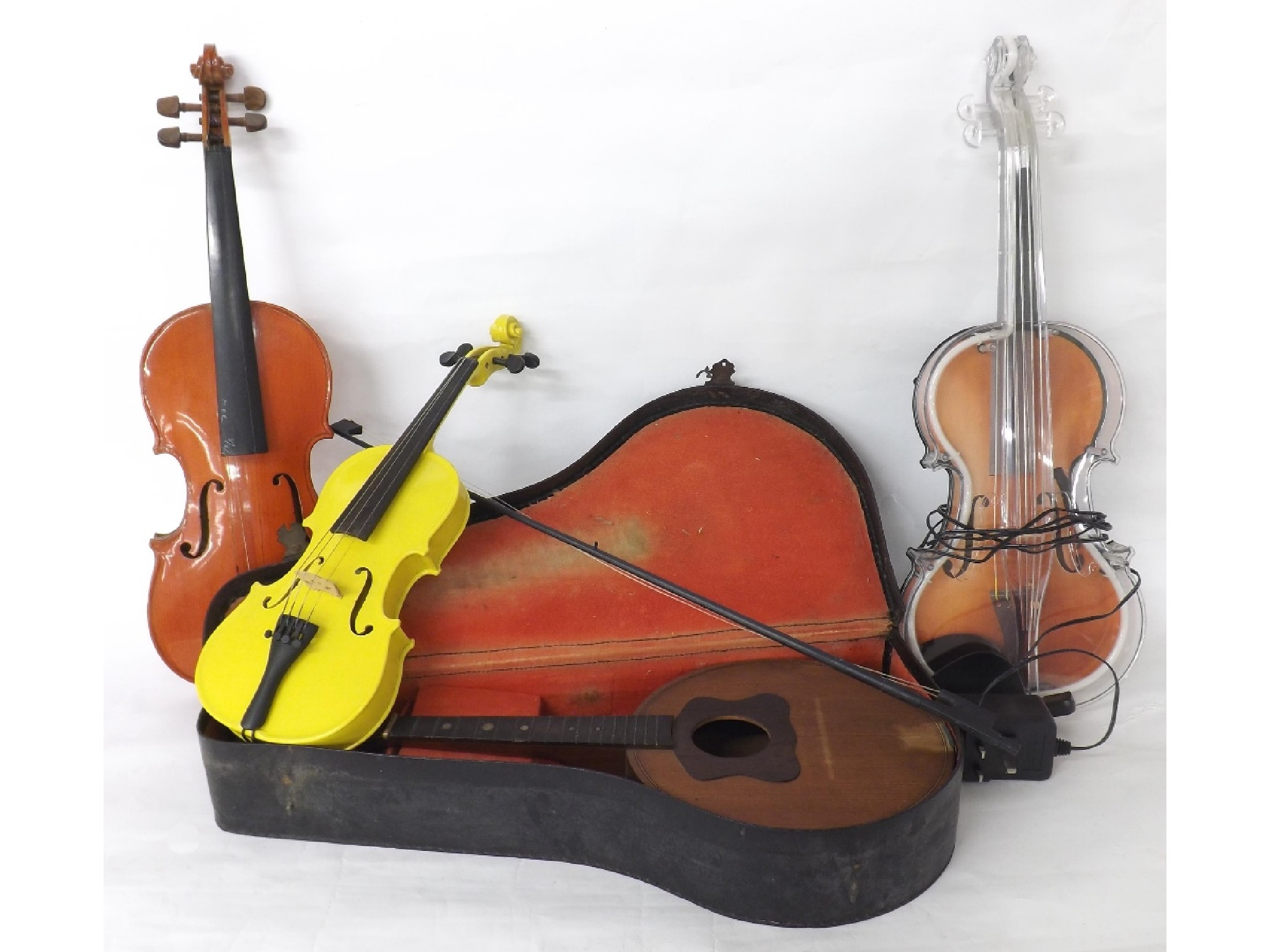 Appraisal: Contemporary electric violin two other contemporary violins bow four instrument