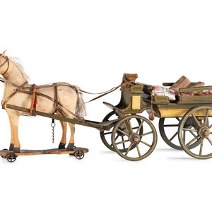 Appraisal: A Carved and Painted Wood Wagon with Stuffed Horse Pull