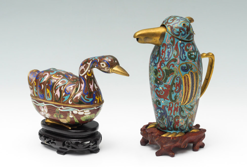 Appraisal: CLOISONNE BIRD VESSELS pieces total to include Figural penguin pitcher