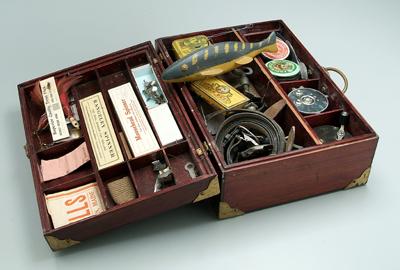 Appraisal: Tackle box with fishing gear decoy brass mounted mahogany tackle