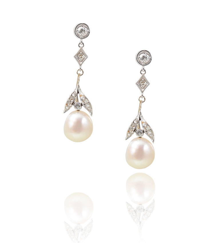 Appraisal: PEARL AND DIAMOND DROP EARRINGS K white yellow gold earrings