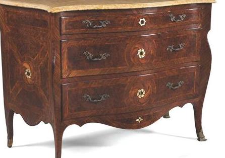 Appraisal: CONTINENTAL MAHOGANY AND BURL WALNUT MARQUETRY AND INLAID MOTHER-OF-PEARL BOMBE