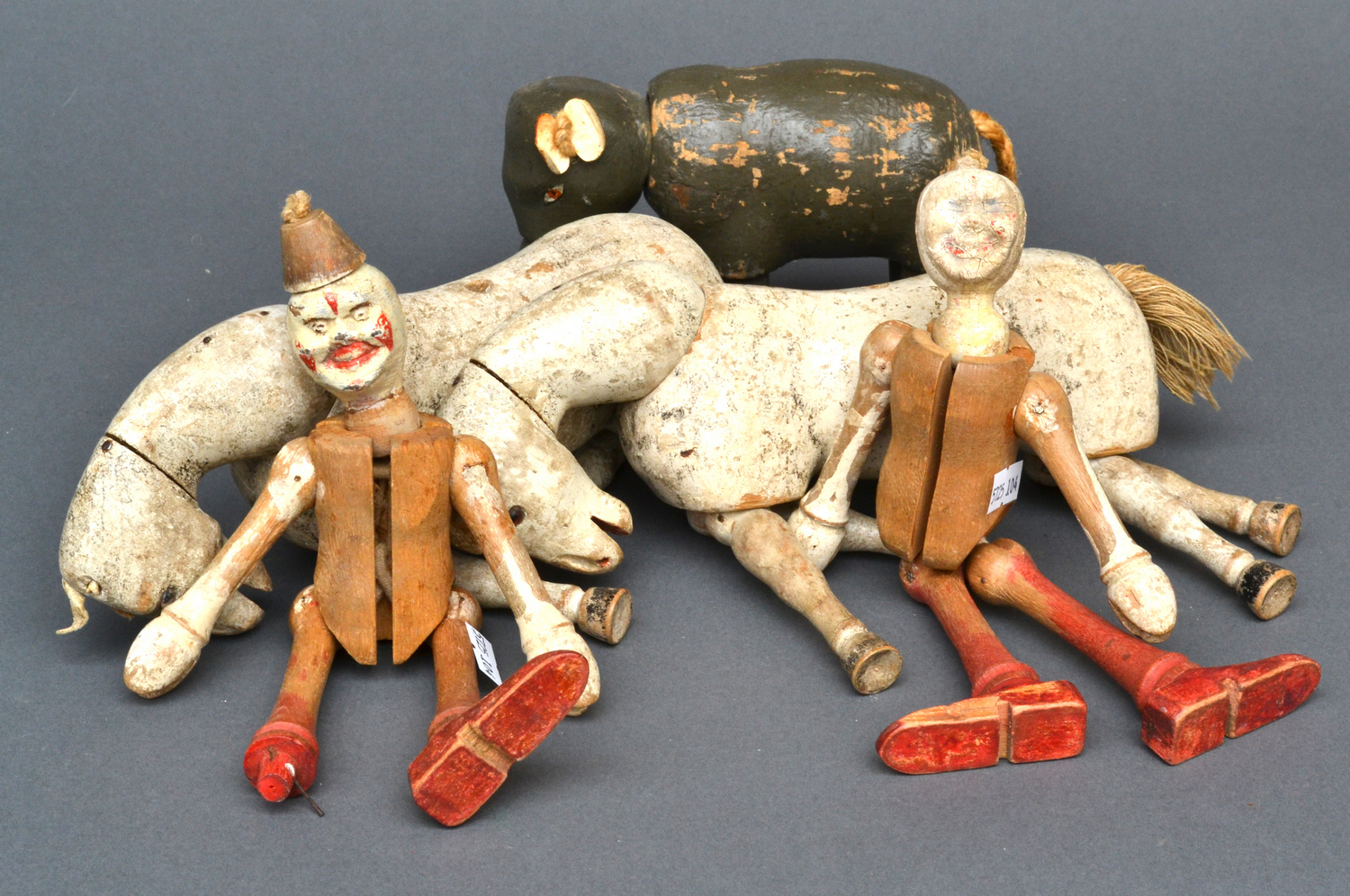 Appraisal: A GROUP OF FIVE VINTAGE PAINTED WOODEN TOYS INCLUDING TWO