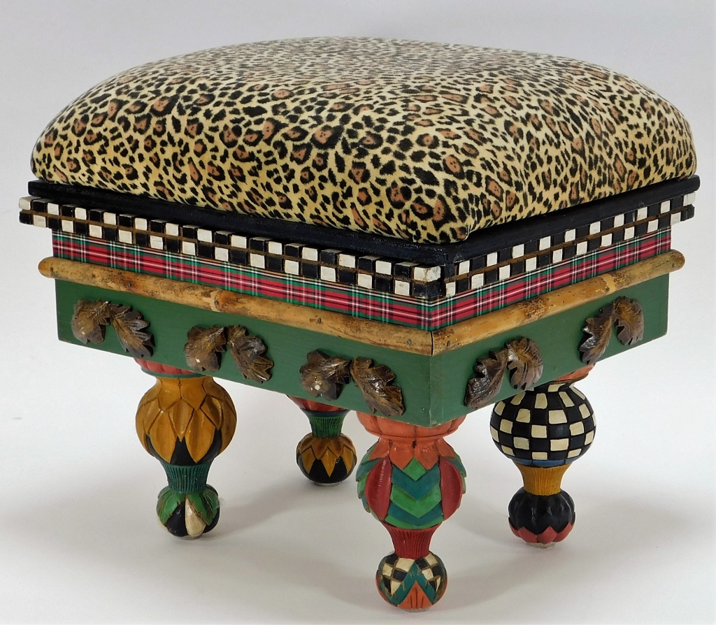 Appraisal: MACKENZIE-CHILDS WHIMSICAL CARVED FOOT STOOL New York th CenturyColorful stool