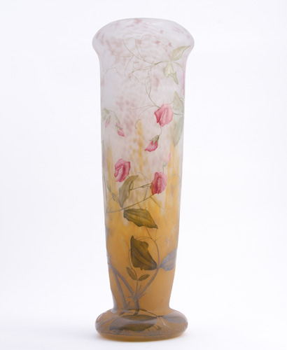 Appraisal: DAUM Monumental etched and enameled glass vase patterned with morning