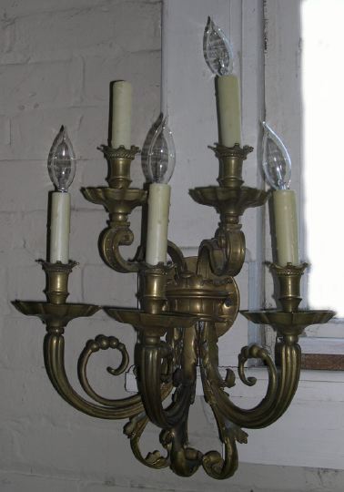 Appraisal: Large Pair of Tiered Five-Light Bronze Appliques in the Louis