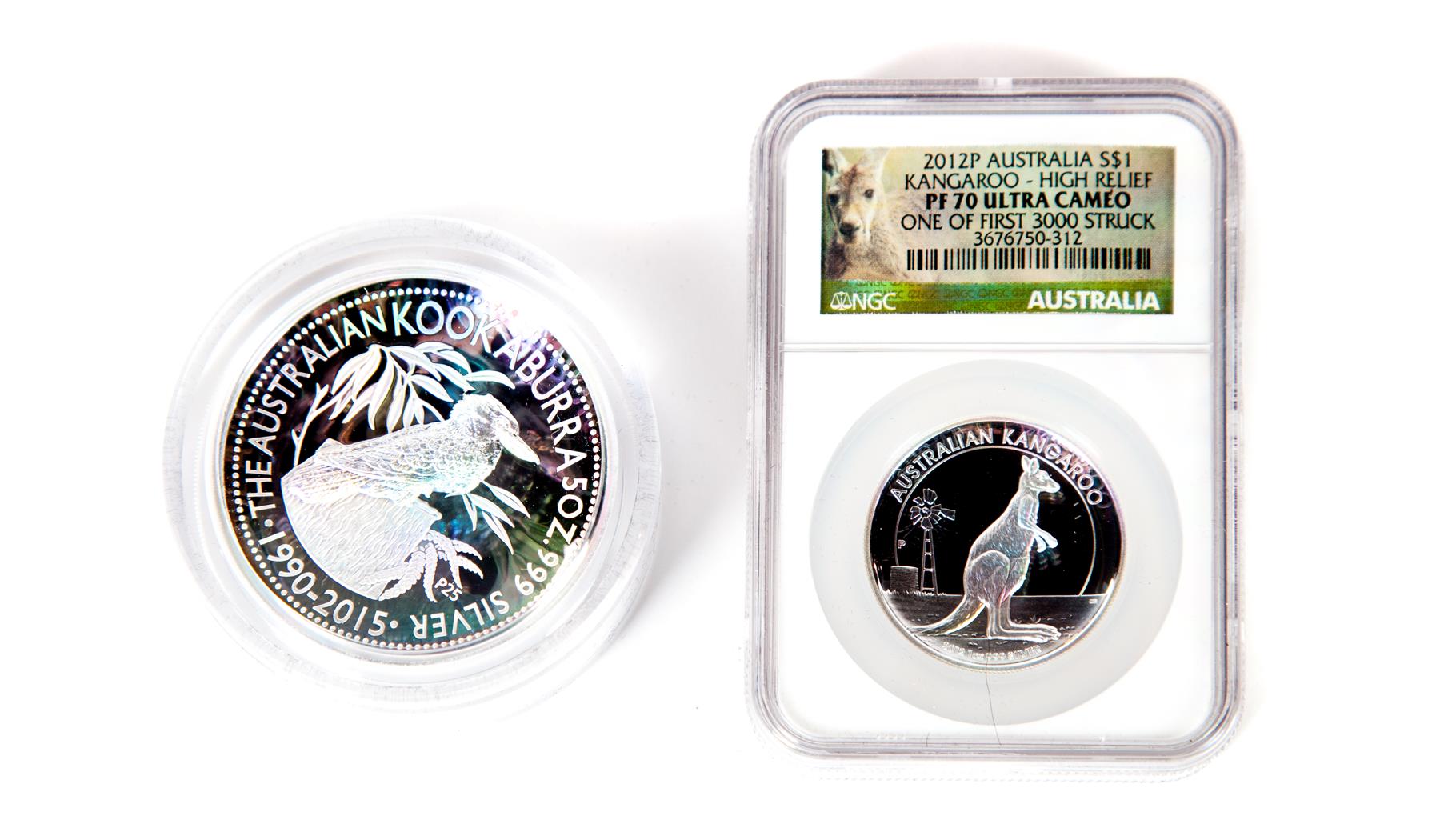 Appraisal: TWO AUSTRALIAN SILVER COINS th Anniversary Australian Kookaburra high relief