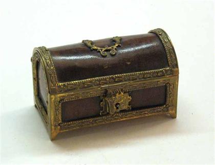 Appraisal: Small leather and metal mounted casket H in W in