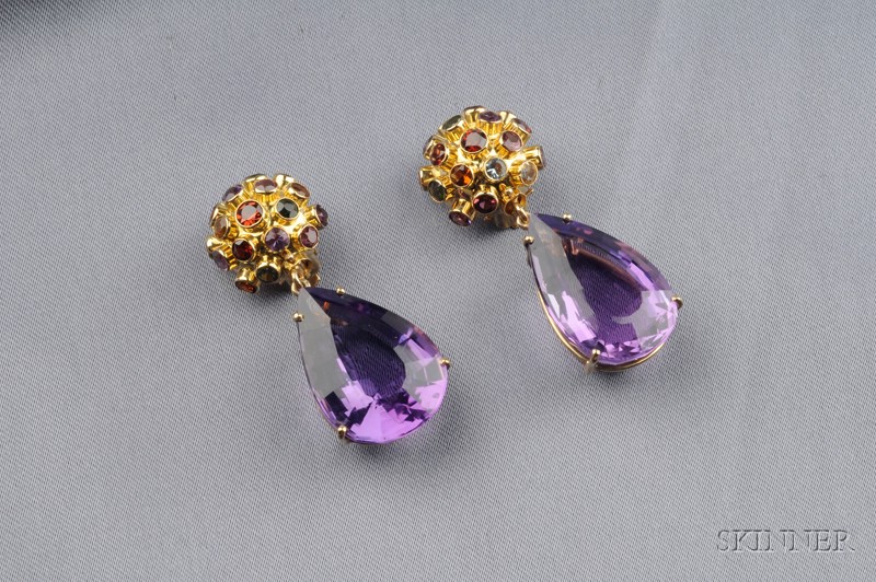 Appraisal: kt Gold and Amethyst Earpendants each pear-shape amethyst drop suspended