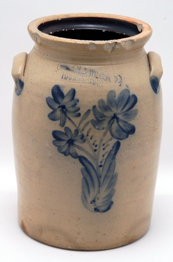 Appraisal: Cobalt decorated stoneware crock flared rim applied handles front decorated