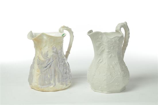 Appraisal: TWO PARIAN PITCHERS Mid th century Bennington Wild Rose pattern