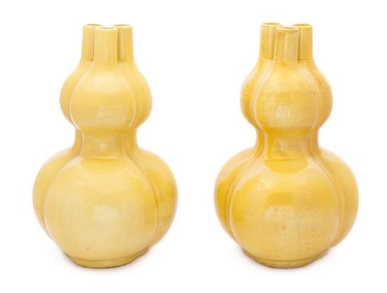 Appraisal: Sale Lot A Pair of Chinese Yellow Glazed Triple-Gourd Vases