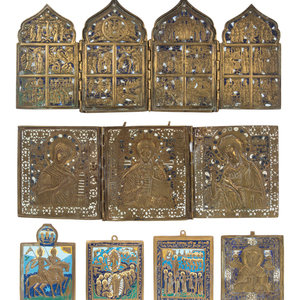 Appraisal: Six Russian Enamel Decorated Cast Bronze Icon Articles comprising a