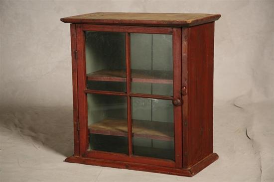 Appraisal: HANGING CUPBOARD Thick pine boards with alligatored red stain Door